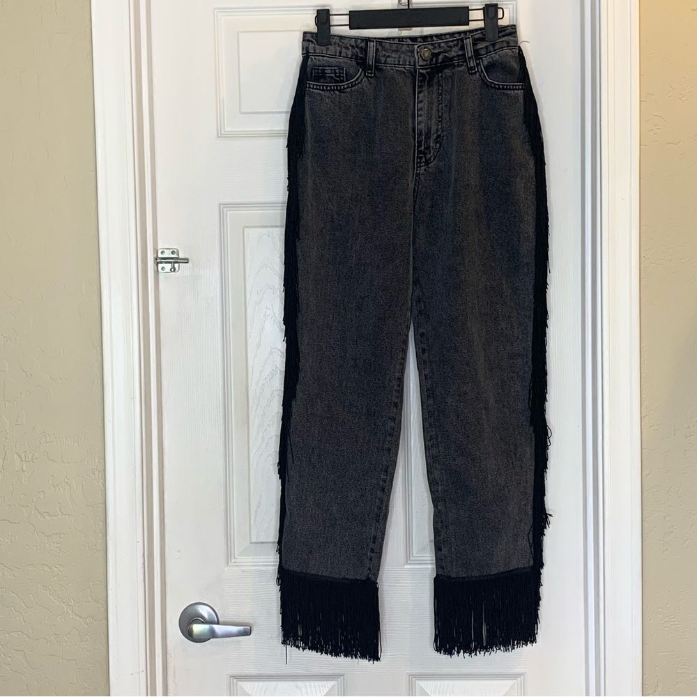 Nasty Gal It’s Only Rock and Roll Fringe High Waisted Jeans Black Size 6 - Picture 3 of 12